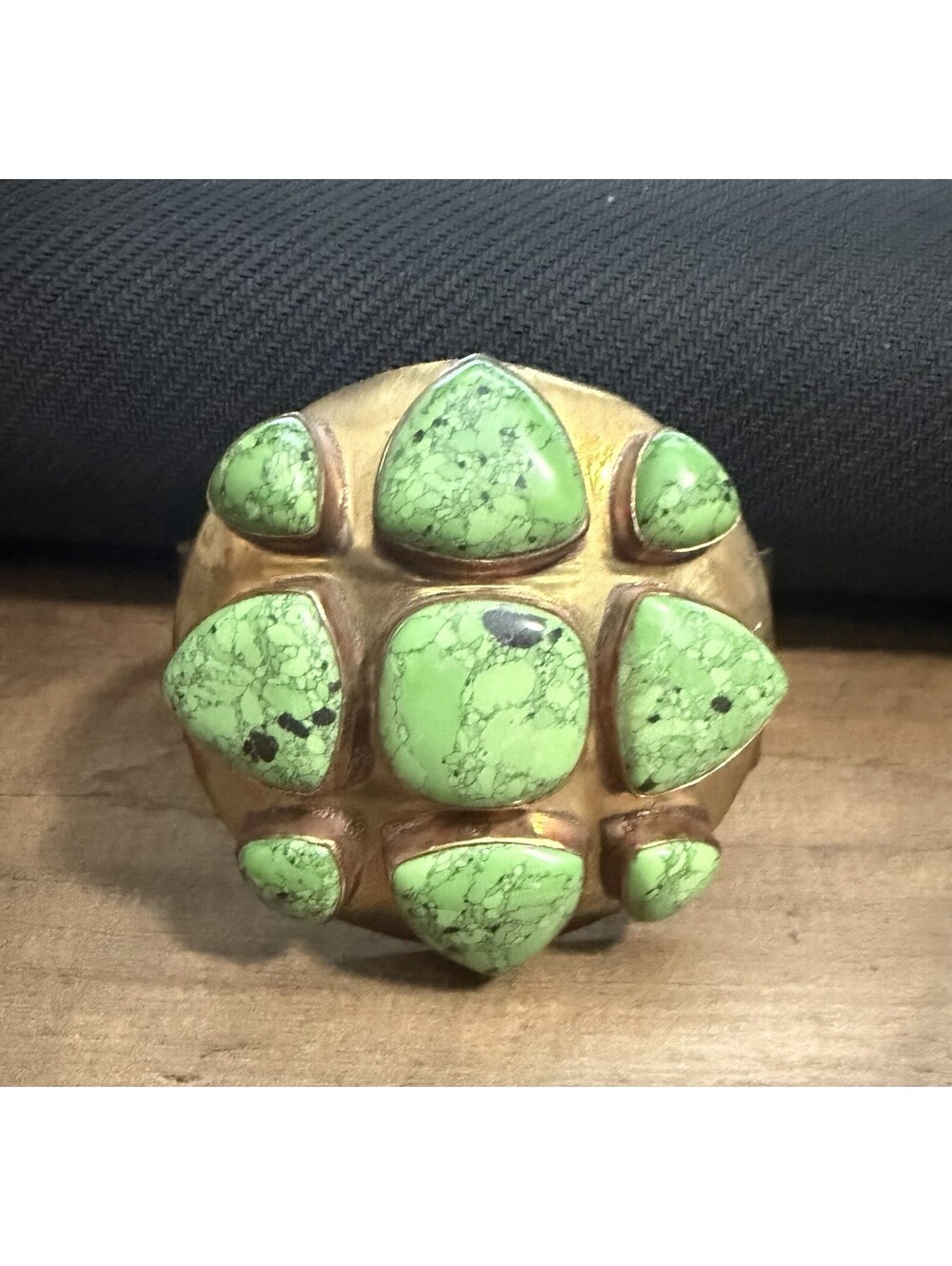Vintage Artisan Green Turquoise Spiderweb Cabochon Brass Statement Cuff Bracelet